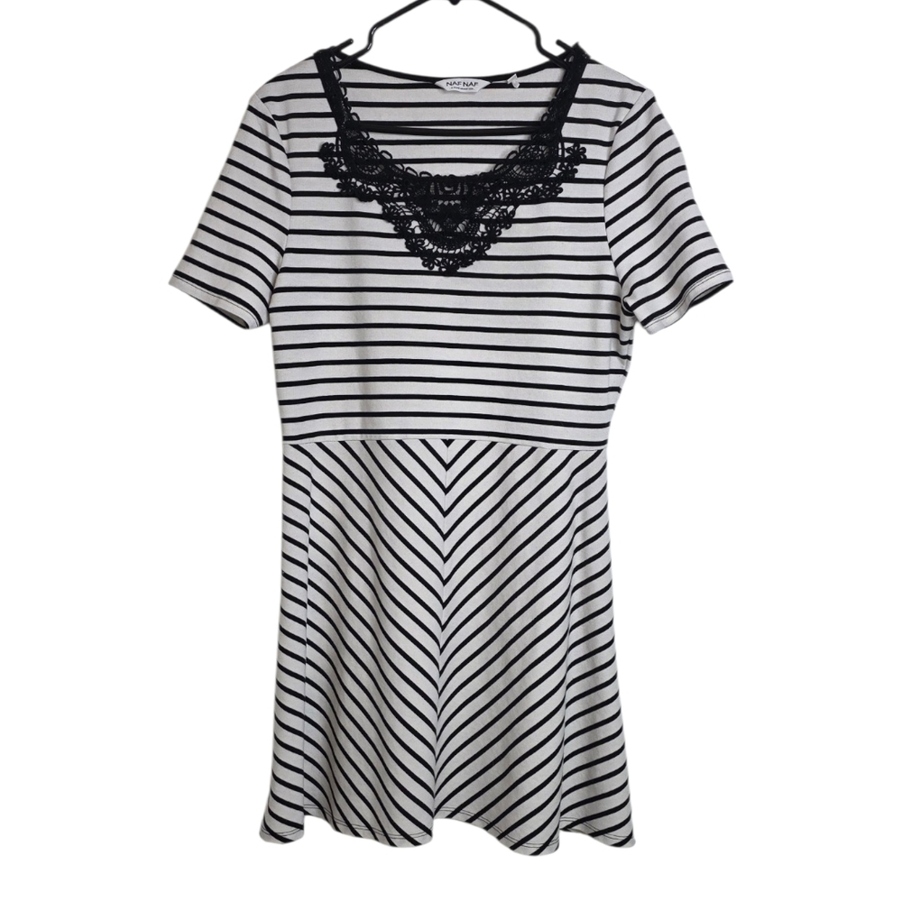 Naf Naf Black & White Striped Coquette Fit & Flare Dress Lace Neckline Fall XL
